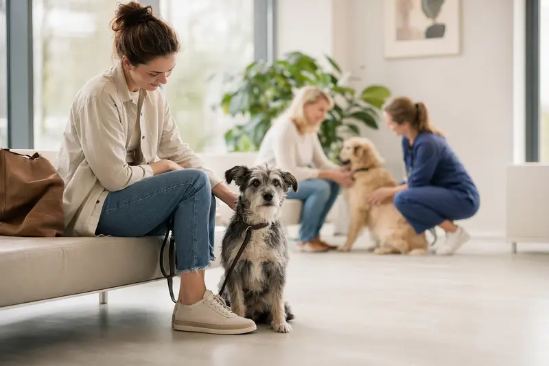 Ein Bingley Terrier sitzt ruhig neben seinem Besitzer im hellen Wartezimmer einer modernen Tierarztpraxis.